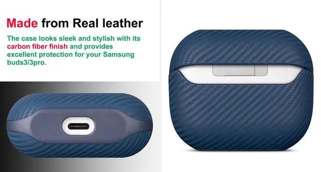 Alt view image 3 of 7 - Leather Case for Samsung Galaxy Buds 3 / Buds3 Pro/Samsung Buds 3 FE Case Cover with Lanyard - Made of Real Leather - Carbon Fiber Style - Handmade Drop Protection Hard Shell Cover - Blue