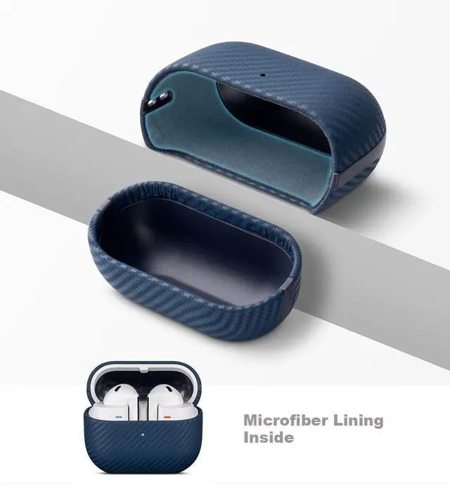 Alt view image 5 of 7 - Leather Case for Samsung Galaxy Buds 3 / Buds3 Pro/Samsung Buds 3 FE Case Cover with Lanyard - Made of Real Leather - Carbon Fiber Style - Handmade Drop Protection Hard Shell Cover - Blue