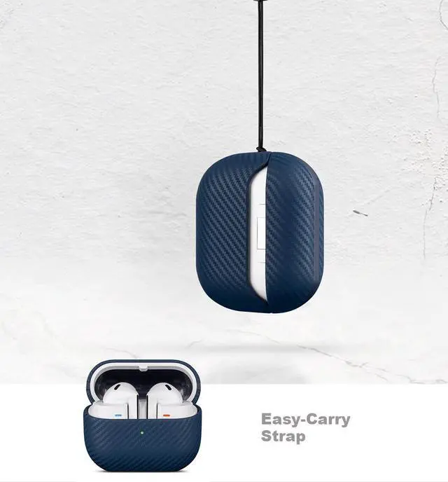 Alt view image 7 of 7 - Leather Case for Samsung Galaxy Buds 3 / Buds3 Pro/Samsung Buds 3 FE Case Cover with Lanyard - Made of Real Leather - Carbon Fiber Style - Handmade Drop Protection Hard Shell Cover - Blue