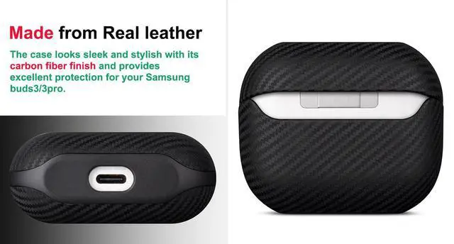 Alt view image 3 of 7 - Leather Case for Samsung Galaxy Buds 3 FE / Buds3 Pro/Samsung Buds 3 Case Cover with Lanyard - Made of Real Leather - Carbon Fiber Style - Handmade Drop Protection Hard Shell Cover - Black