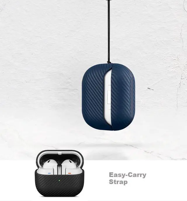 Alt view image 7 of 7 - Leather Case for Samsung Galaxy Buds 3 FE / Buds3 Pro/Samsung Buds 3 Case Cover with Lanyard - Made of Real Leather - Carbon Fiber Style - Handmade Drop Protection Hard Shell Cover - Black