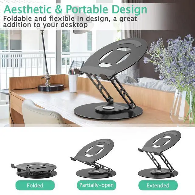 Alt view image 4 of 7 - Laptop Stand for Desk Adjustable Computer Stand with 360 Rotating Base Ergonomic Laptop Riser Mount for Desk Foldable Protable Computer Desk Fits with MacBook Pro Air, Round Black