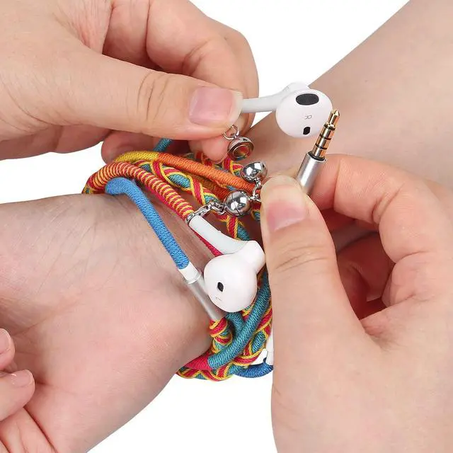 Alt view image 2 of 6 - Earbuds Bracelet Colorful Braided Earphones - 3.5mm Wired Headphones with Microphone Remote in-Ear Sports Headset for iPhone Handmade Fabric Knitted Thread Wrapped