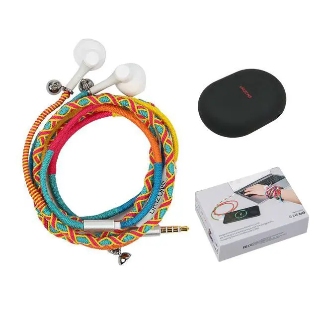 Alt view image 3 of 6 - Earbuds Bracelet Colorful Braided Earphones - 3.5mm Wired Headphones with Microphone Remote in-Ear Sports Headset for iPhone Handmade Fabric Knitted Thread Wrapped