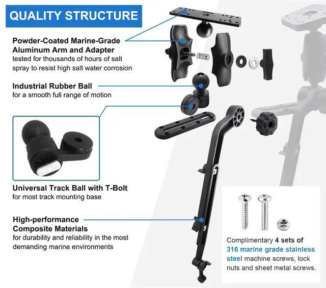 Alt view image 3 of 6 - 1.5" Ball Kayak Fish Finder Mount with Transducer Mounting Arm, Marine Electronic Mount Plate with Low Profile Track, Compatible with RAM Mounts, Scotty, Lowrance, Garmin