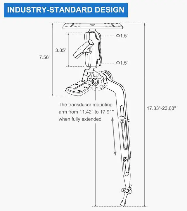 Alt view image 5 of 6 - 1.5" Ball Kayak Fish Finder Mount with Transducer Mounting Arm, Marine Electronic Mount Plate with Low Profile Track, Compatible with RAM Mounts, Scotty, Lowrance, Garmin