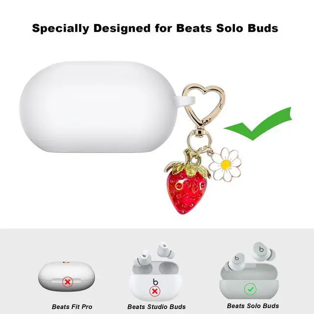 Alt view image 2 of 6 - for Beats Solo Buds Case Cover with Cute Strawberry Charm Heart Keychain, Soft Silicone Protective Case Daisy Key Chains for New Beats Solo Charging Case Earbuds for Women Men White
