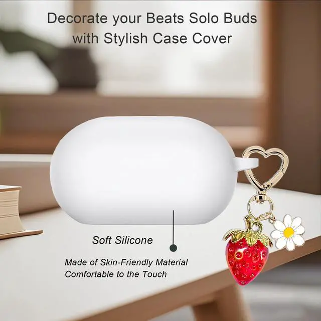 Alt view image 5 of 6 - for Beats Solo Buds Case Cover with Cute Strawberry Charm Heart Keychain, Soft Silicone Protective Case Daisy Key Chains for New Beats Solo Charging Case Earbuds for Women Men White