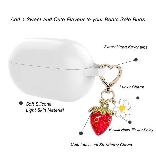 Alt view image 3 of 6 - for Beats Solo Buds Case Cover with Cute Strawberry Charm Heart Keychain, Soft Silicone Protective Case Daisy Key Chains for New Beats Solo Charging Case Earbuds for Women Men White