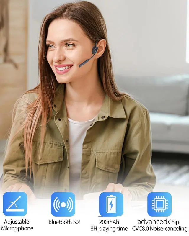 Alt view image 2 of 6 - Bluetooth Headphones with Mic Open Ear Headphones Bluetooth 5.2 Headset with Dual CVC8.0 and ENC Noise-canceling Microphones Bone Conduction Headphones Computer Earphones, 8Hrs Battery