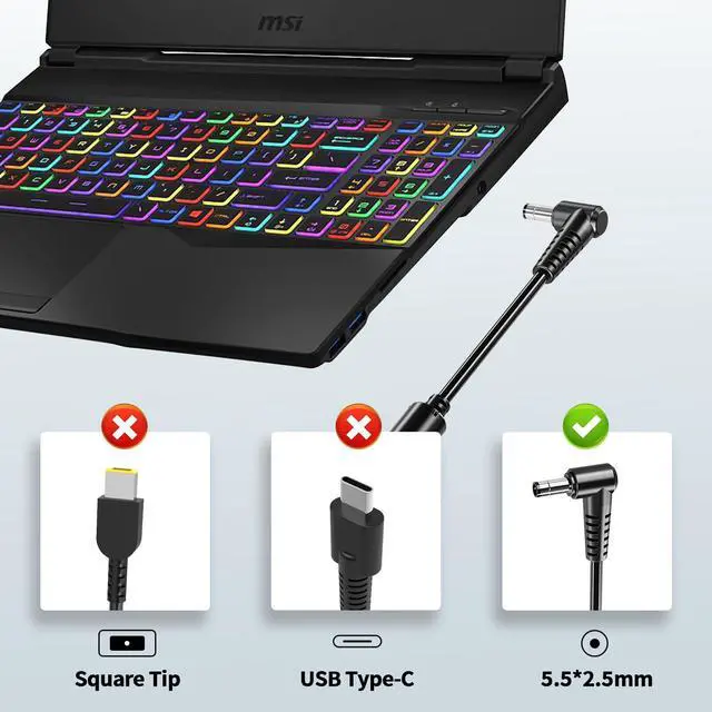 Alt view image 6 of 6 - 120W 150W 180W Laptop Charger Fit for MSI GF63 GF65 GS66 GS75 Stealth