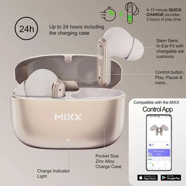 Alt view image 6 of 6 - StreamBuds Custom 3 True Wireless Earbuds with Charging Case 24hr Playtime, Quick Charge, App Control, Clear Voice Quad Mic, Noise Isolation Bluetooth 5.3, Zinc Alloy Case - Champagne