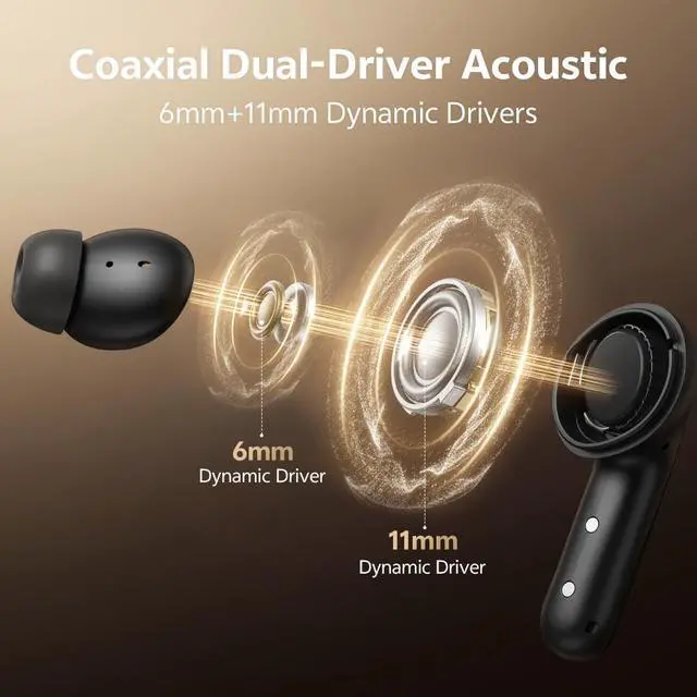 Alt view image 4 of 6 - MeloBuds N60 Adaptive Noise Cancelling Wireless Earbuds Bluetooth 6.0 | LDAC Hi-Res, -56dB ANC, 6mm+11mm Dynamic Drivers, Fast Charging, IPX5 Waterproof