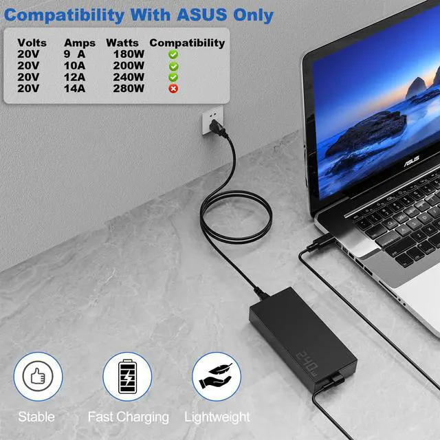 Alt view image 3 of 7 - 240W 20V 12A AC Adapter for ASUS Laptop ROG Zephyrus G16 GU605 G14 GA403 TUF Gaming A14 A16 FA401UM FA401KM FA608WP FA608UM Charger ADP-240EB B ADP-240EB C Power Supply