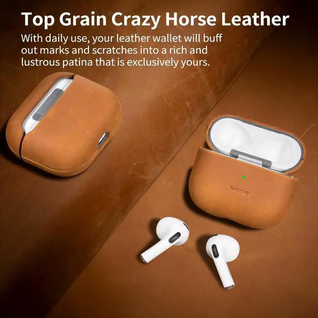 Alt view image 2 of 7 - Handcrafted Crazy Horse Leather Case for AirPods 3, Sunset Tan | Full-Grain Leather, Waxed Pull-Up Cowhide, Develops a Unique Patina, Soft Grip, Compatible with MagSafe, Daily Carry Cover