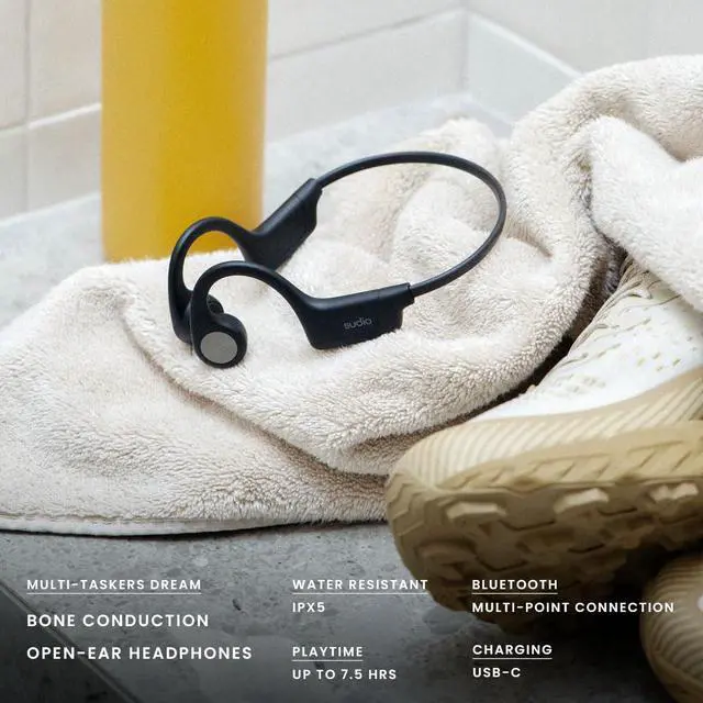 Alt view image 2 of 6 - B2 Wireless Earphones with Bluetooth 5.3, Bone Conduction Technology, Microphones, Spatial Sound by Dirac Virtuo, Up to 7.5 Hours Playtime, Quick Charge, IPX5 Water Resistance (Black)