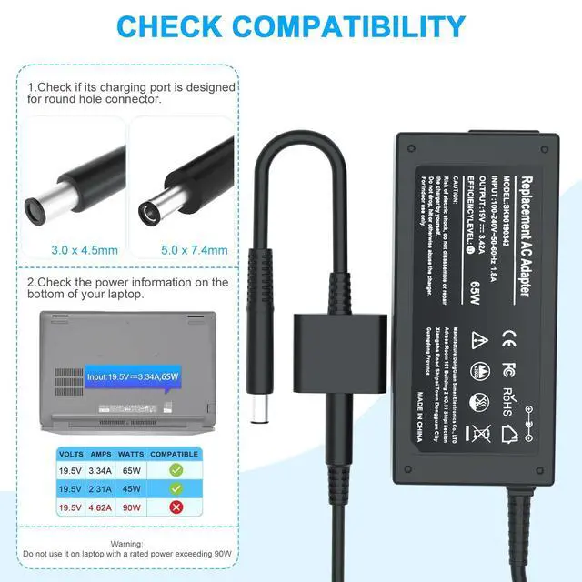 Alt view image 3 of 5 - 65W 4.5mm tip Laptop Charger Compatible with Dell 15 DC15250 DC15255 | for 16 DC16250 DC16251 DC16255 DC16256, 14 DC14250 DC14255, Inspiron 14 5420 5425 5430 5435, 15 3520 3530 3525 3535 16 5620