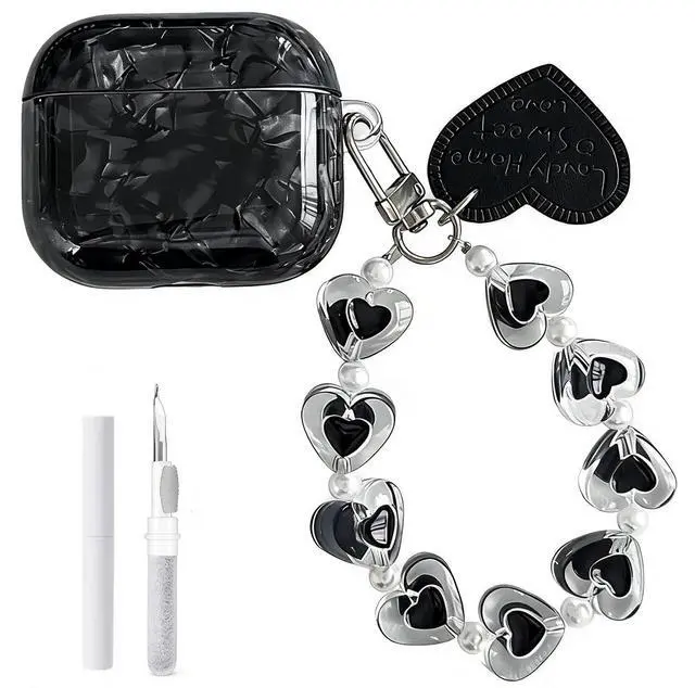 Main image of Compatible with AirPods Pro 3 Case (2025) with Keychain - Black | Stylish Shell Texture Design, Hardened TPU Shockproof Protective Cover, Designed for Girls & Women