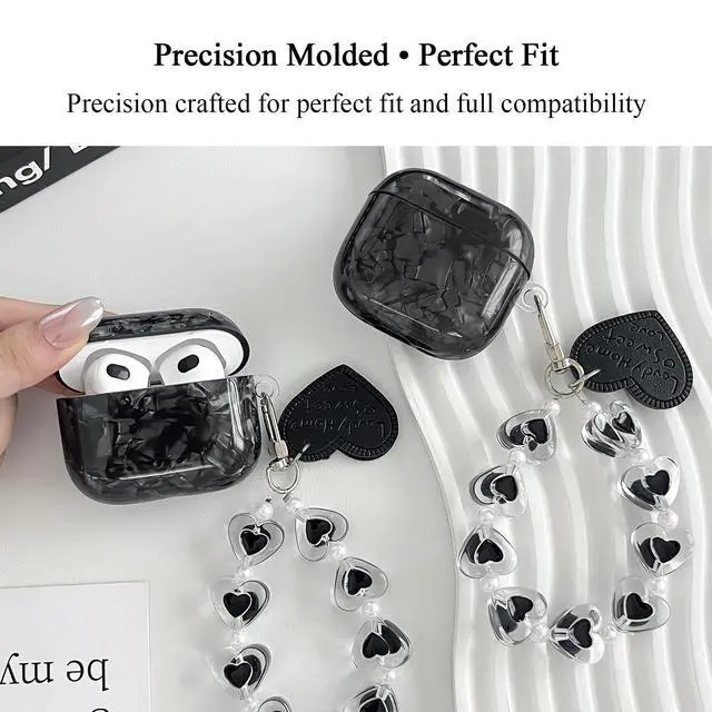 Alt view image 3 of 6 - Compatible with AirPods Pro 3 Case (2025) with Keychain - Black | Stylish Shell Texture Design, Hardened TPU Shockproof Protective Cover, Designed for Girls & Women
