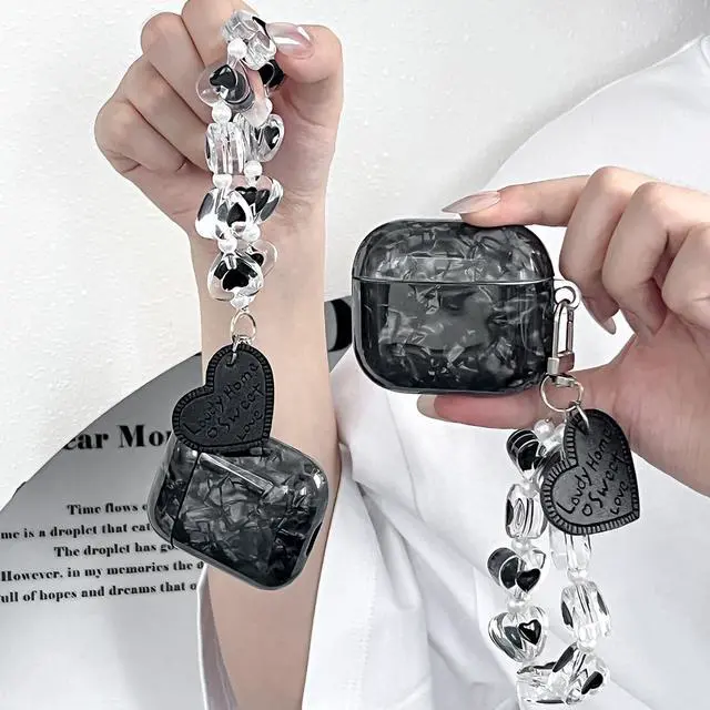Alt view image 4 of 6 - Compatible with AirPods Pro 3 Case (2025) with Keychain - Black | Stylish Shell Texture Design, Hardened TPU Shockproof Protective Cover, Designed for Girls & Women