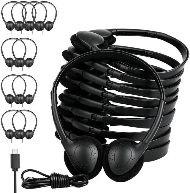 Main image of USB Type C Headphones Bulk for Classroom 20 Pack, Wired On Ear Black | Kids Headphones USB C for School Testing Computer Lab Teens Students, USB-C Plug Chromebook Laptop PC Pad