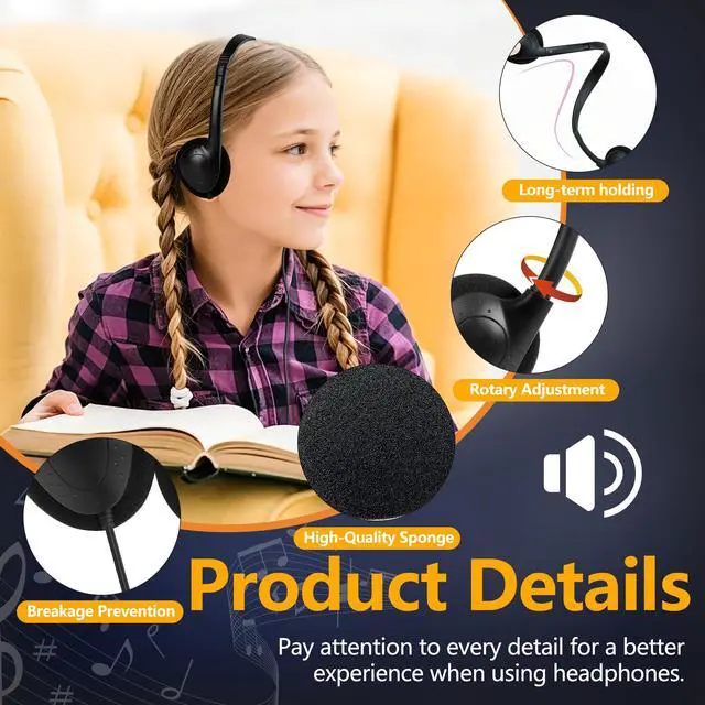 Alt view image 2 of 7 - USB Type C Headphones Bulk for Classroom 20 Pack, Wired On Ear Black | Kids Headphones USB C for School Testing Computer Lab Teens Students, USB-C Plug Chromebook Laptop PC Pad
