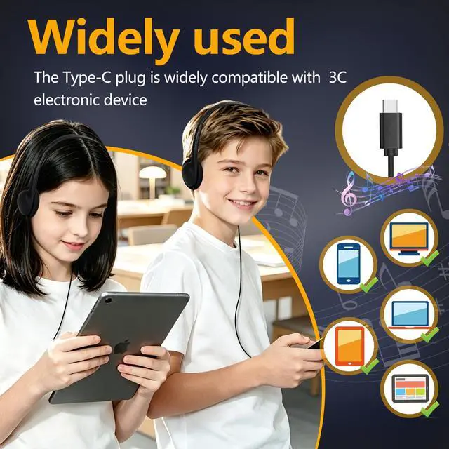 Alt view image 5 of 7 - USB Type C Headphones Bulk for Classroom 20 Pack, Wired On Ear Black | Kids Headphones USB C for School Testing Computer Lab Teens Students, USB-C Plug Chromebook Laptop PC Pad