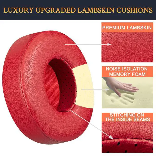 Alt view image 4 of 5 - Lambskin Earpads Cushions Replacement for Beats Solo 2 & Solo 3 Wireless On-Ear Headphones, Solo2 Solo3 Ear Pads with High-Density Foam, Added Thickness - Red