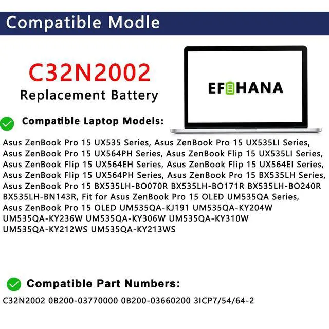 Alt view image 3 of 6 - C32N2002 Laptop Battery Replacement for ASUS ZenBook Flip 15 UX535LI, UX564EH, UX564EH-EZ004T, ZenBook Pro 15 UX535 UX535L Series 0B200-03770000 11.55V 96Wh 8230mAh