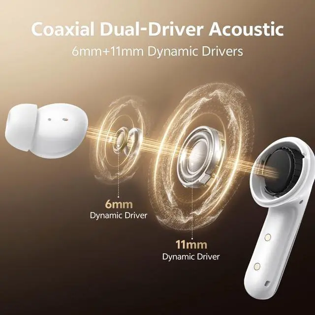 Alt view image 4 of 6 - MeloBuds N60 Adaptive Noise Cancelling Wireless Earbuds Bluetooth 6.0 | LDAC Hi-Res, -56dB ANC, 6mm+11mm Dynamic Drivers, Fast Charging, IPX5 Waterproof