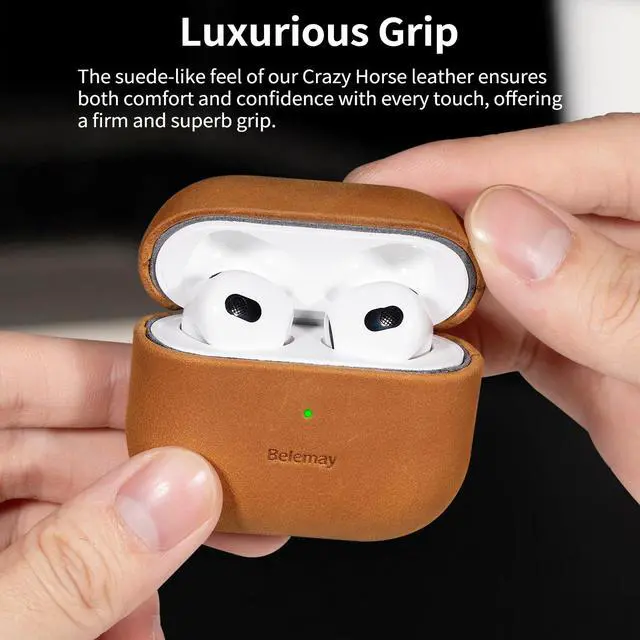 Alt view image 5 of 7 - Handcrafted Crazy Horse Leather Case for AirPods 3, Sunset Tan | Full-Grain Leather, Waxed Pull-Up Cowhide, Develops a Unique Patina, Soft Grip, Compatible with MagSafe, Daily Carry Cover