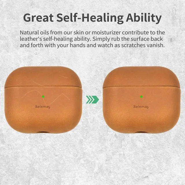 Alt view image 6 of 7 - Handcrafted Crazy Horse Leather Case for AirPods 3, Sunset Tan | Full-Grain Leather, Waxed Pull-Up Cowhide, Develops a Unique Patina, Soft Grip, Compatible with MagSafe, Daily Carry Cover