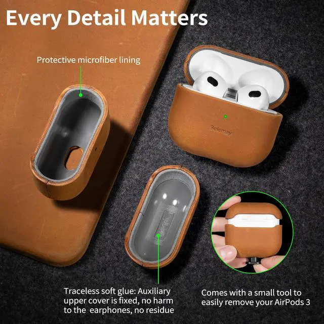 Alt view image 7 of 7 - Handcrafted Crazy Horse Leather Case for AirPods 3, Sunset Tan | Full-Grain Leather, Waxed Pull-Up Cowhide, Develops a Unique Patina, Soft Grip, Compatible with MagSafe, Daily Carry Cover