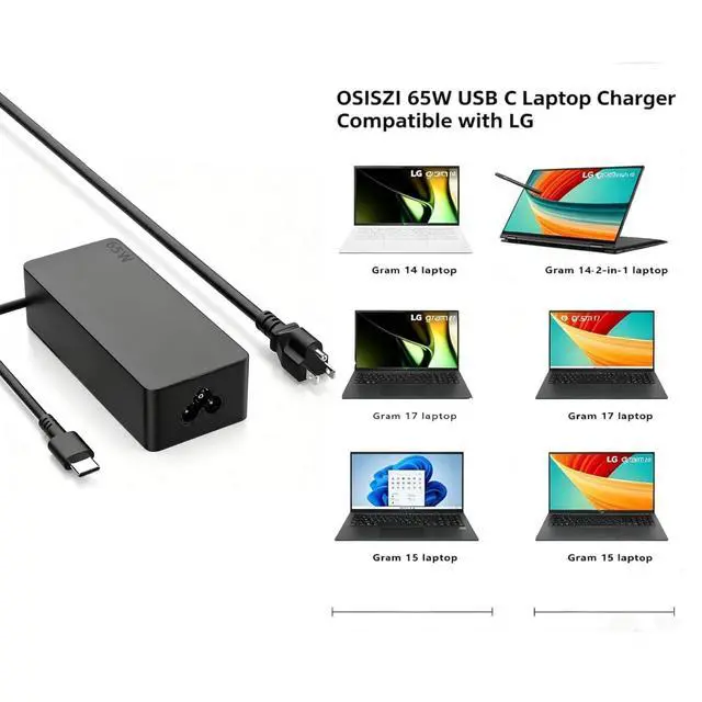 Alt view image 2 of 6 - 65W USB C Charger Compatible with LG Gram 14 15 16 17 Laptop | Fit for 17Z90T 17Z90TL 17Z90R-Q 17Z90TP 16Z90TL 16Z90T 16Z90S 16Z90R-Q 16T90TP 16Z90TP 16Z90TS 15UB50T
