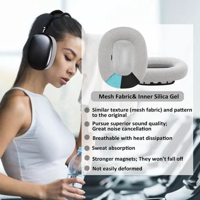 Alt view image 3 of 6 - Replacement Gel Ear Cushions for Apple AirPods Max 1, Mesh Fabric Covered Ear Pads & Silicone & Memory Foam and Magnet (Silvery)
