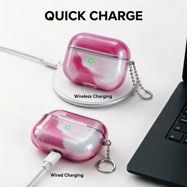 Alt view image 4 of 6 - for AirPods 4 Case Quicksand Liquid Glow Sand Case Luxury Glow in The Darkness Noctiluncent Liquid Luminous Protective Cover with Keychain for Men and Women, Pink