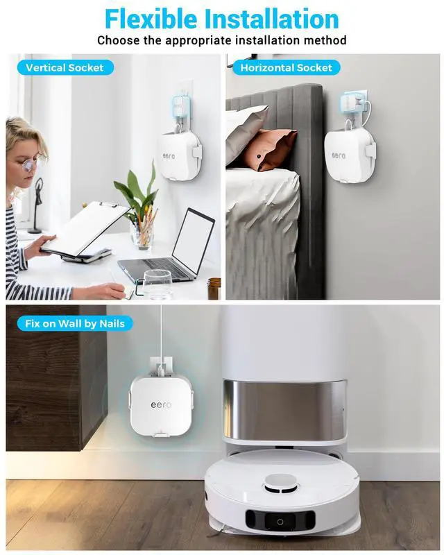 Alt view image 6 of 7 - Outlet Wall Mount Holder for eero Pro 6, eero Pro 6E, White, 3 Pack | Wall Bracket with Cord Management, Drill-Free Stand Compatible for Vertical Horizontal Outlets, Sturdy ABS Router Mount