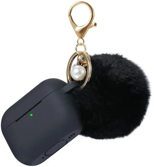 Main image of Case Cover for Airpods Pro 2nd Generation Charging Case 2022, Soft Silicone Protective Case with Keychain and Cute Puff Pom Pom Ball Kit Front LED Visible (Black)