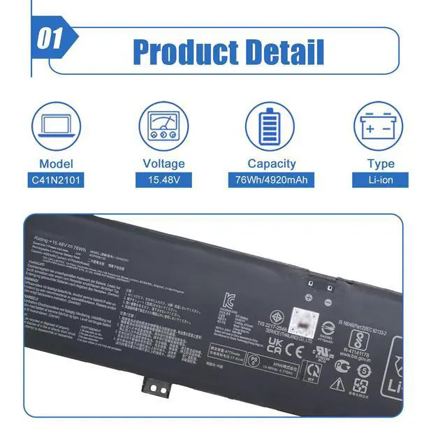 Alt view image 3 of 7 - 76Wh C41N2101 Battery Replacement for ASUS ROG Zephyrus G14 GA402 GA402R GA402RJ GA402RK GA402NJ TUF Dash F15 FX517ZC FX517ZR Series (Type-A)