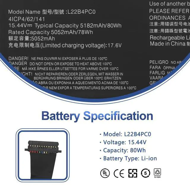 Alt view image 2 of 7 - L22C4PC0 Laptop Battery Replacement for Lenovo Legion Pro 5 16ARX8 16IRX8 | 16IRX9 Legion Pro 7 16IRX8 16IRX8H 16ARX8H 16IRX9H ThinkBook 16p G4 IRH L22B4PC0 L22D4PC0 L22X4PC0 L22M4PC0 15.44V 80Wh