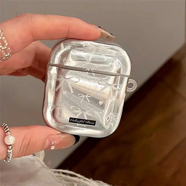 Alt view image 2 of 7 - Cute Girly Case for Airpods 4 Lovely Charm, Silver Plating Bow | Girls Kawaii Cover, for Airpods 4th Generation, Girly Love Heart Keychain, Aesthetic, Woman Elegant Case