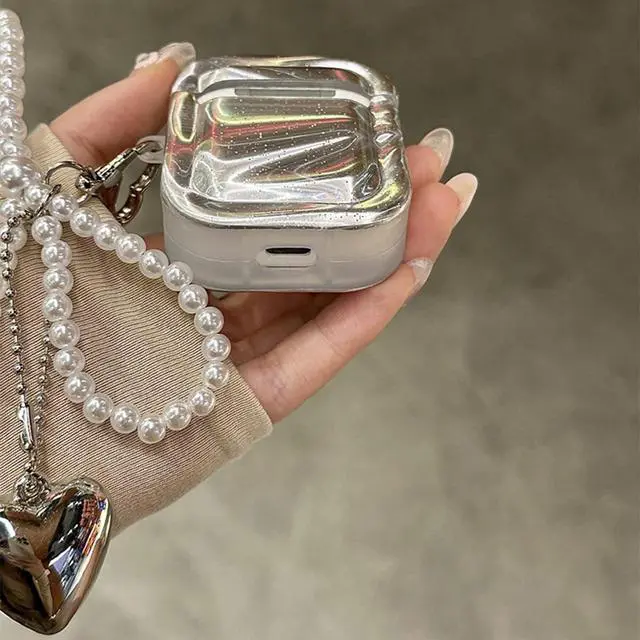 Alt view image 3 of 7 - Cute Girly Case for Airpods 4 Lovely Charm, Silver Plating Bow | Girls Kawaii Cover, for Airpods 4th Generation, Girly Love Heart Keychain, Aesthetic, Woman Elegant Case