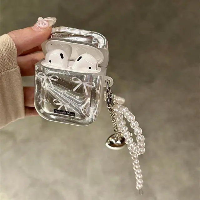 Alt view image 4 of 7 - Cute Girly Case for Airpods 4 Lovely Charm, Silver Plating Bow | Girls Kawaii Cover, for Airpods 4th Generation, Girly Love Heart Keychain, Aesthetic, Woman Elegant Case