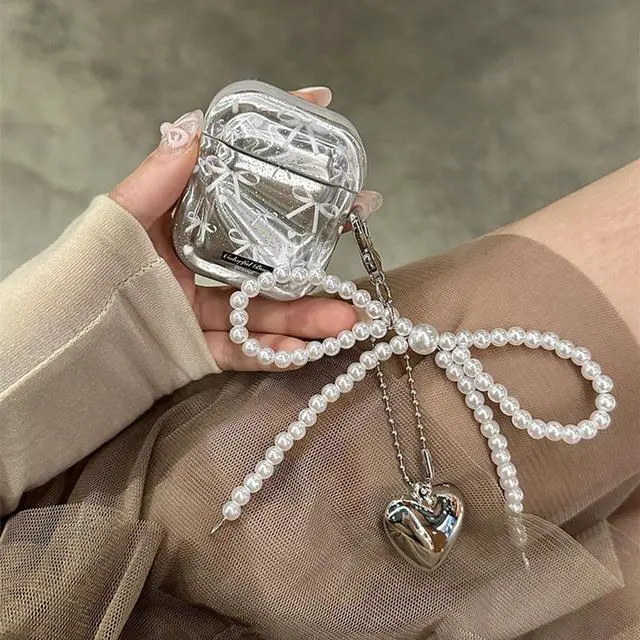 Alt view image 5 of 7 - Cute Girly Case for Airpods 4 Lovely Charm, Silver Plating Bow | Girls Kawaii Cover, for Airpods 4th Generation, Girly Love Heart Keychain, Aesthetic, Woman Elegant Case