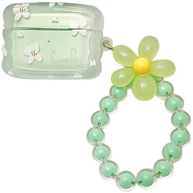 Main image of Cute Case for Airpods Pro 3 Lovely Charm, Curly Wave Green Flower | Girls Kawaii Cover, for Airpods Pro 3th Generation, Girly Floral Keychain, Aesthetic Design, Woman Elegant Case