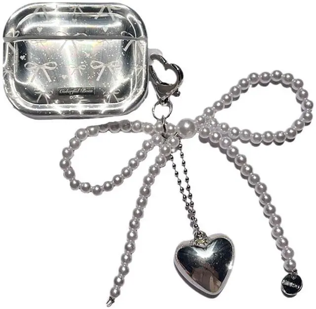 Main image of Cute Girly Case for Airpods 4 Lovely Charm, Silver Plating Bow | Girls Kawaii Cover, for Airpods 4th Generation, Girly Love Heart Keychain, Aesthetic, Woman Elegant Case