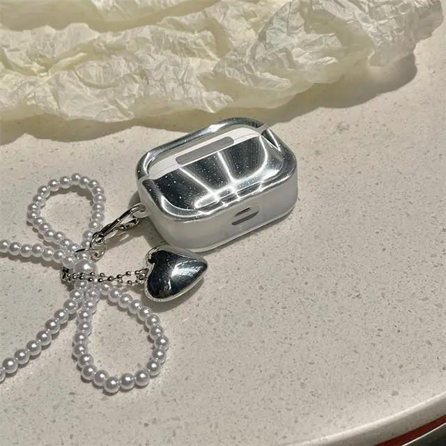 Alt view image 3 of 7 - Cute Girl Case for Airpods Pro 3 Lovely Charm, Silver Plating Bow | Girls Kawaii Cover, for Airpods Pro 3th Generation, Girly Love Heart Keychain, Aesthetic, Woman Elegant Case
