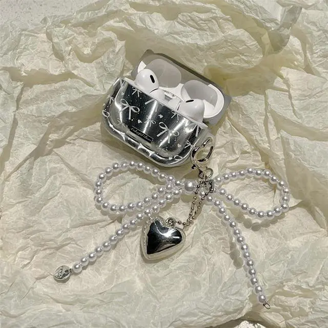 Alt view image 4 of 7 - Cute Girl Case for Airpods Pro 3 Lovely Charm, Silver Plating Bow | Girls Kawaii Cover, for Airpods Pro 3th Generation, Girly Love Heart Keychain, Aesthetic, Woman Elegant Case