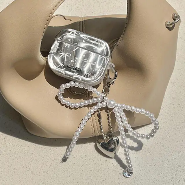 Alt view image 6 of 7 - Cute Girly Case for Airpods 4 Lovely Charm, Silver Plating Bow | Girls Kawaii Cover, for Airpods 4th Generation, Girly Love Heart Keychain, Aesthetic, Woman Elegant Case