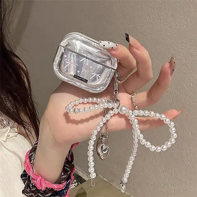 Alt view image 5 of 7 - Cute Girl Case for Airpods Pro 3 Lovely Charm, Silver Plating Bow | Girls Kawaii Cover, for Airpods Pro 3th Generation, Girly Love Heart Keychain, Aesthetic, Woman Elegant Case